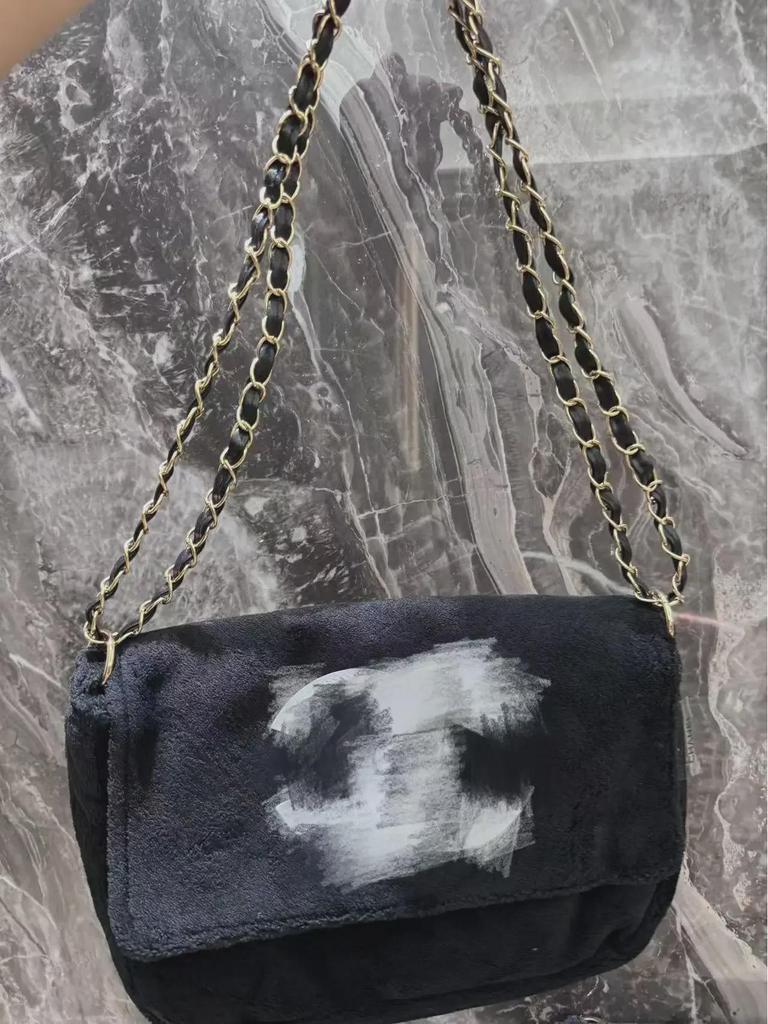 Роскошная женская сумка через плечо и почтальон из плюша секонд-хенд с подарочным VIP-мешком для полотенец, черные и белые этикетки