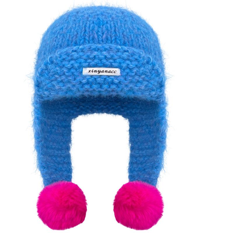Korean Version Of Dopamine Contrasting Color Knitted Wool Hat Women'S Autumn And Winter Thickened Hairball Ear Protection Warm Face Small Tide
