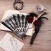 Lolita Fan Feather Rose Folding Fan European Style Retro Gold Plated Lace Hand Fan Female Tea Party Wedding Fans Cosplay Props