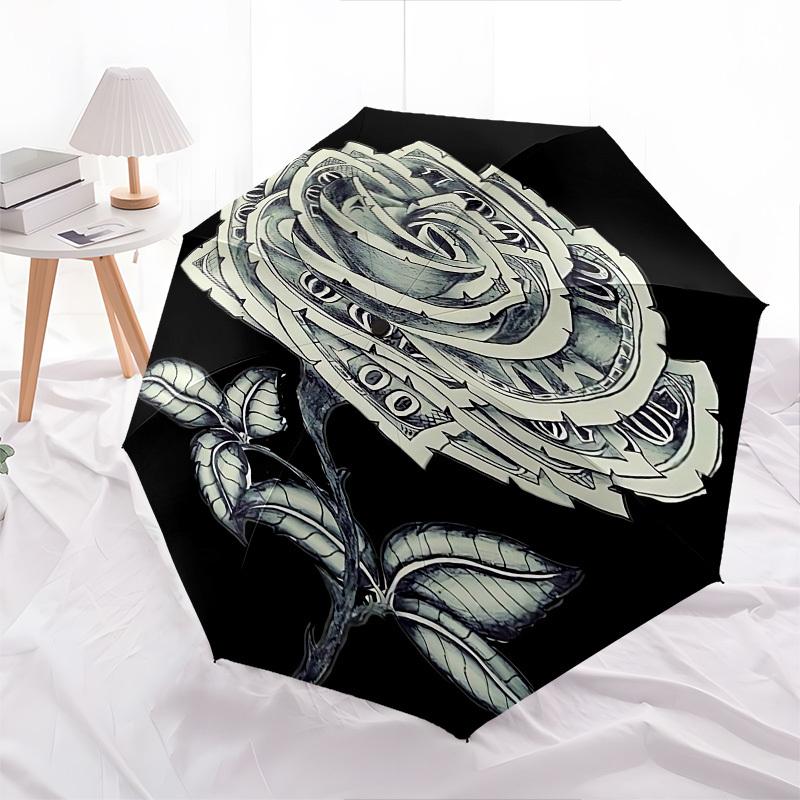 Money Rose Themed Automatic Opening and Closing Umbrella, Brightly Colored 8 rib Portable Umbrella, Suitable for Men and Women, A Perfect Gi