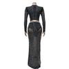 Evening Dress Fashion Women's Evening Gown Solid Colour Mesh Hot Drilling Long Sleeve Long Dress Set