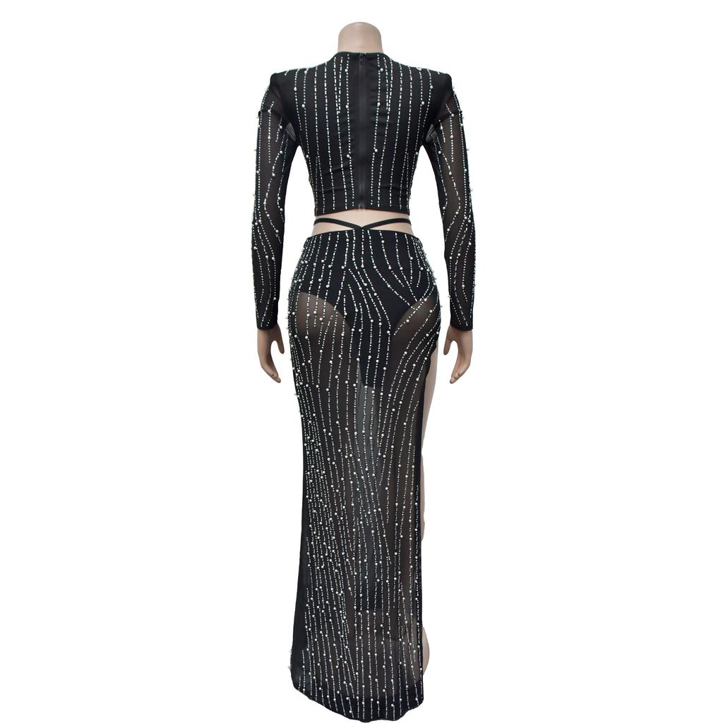 Evening Dress Fashion Women's Evening Gown Solid Colour Mesh Hot Drilling Long Sleeve Long Dress Set