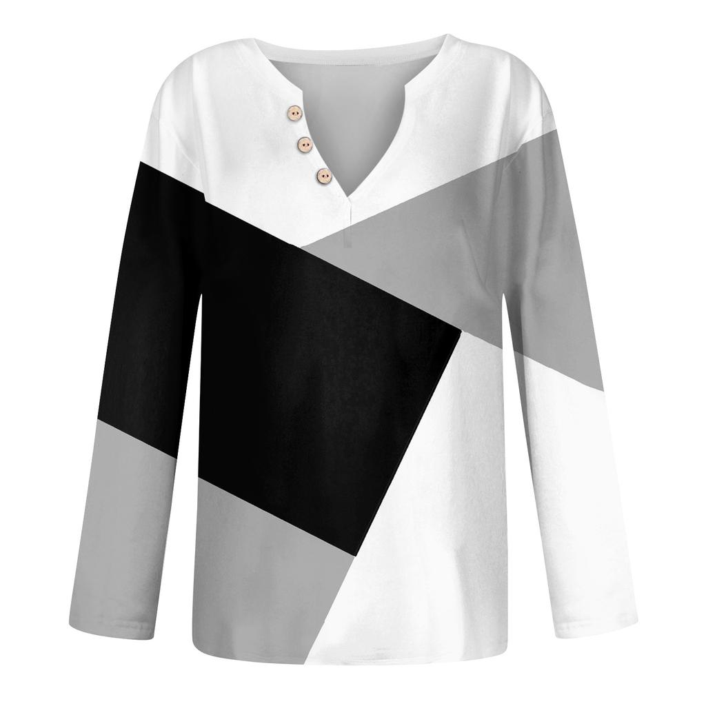 Женская модная повседневная футболка с V-образным вырезом и длинным рукавом, с принтом, с декоративными пуговицами