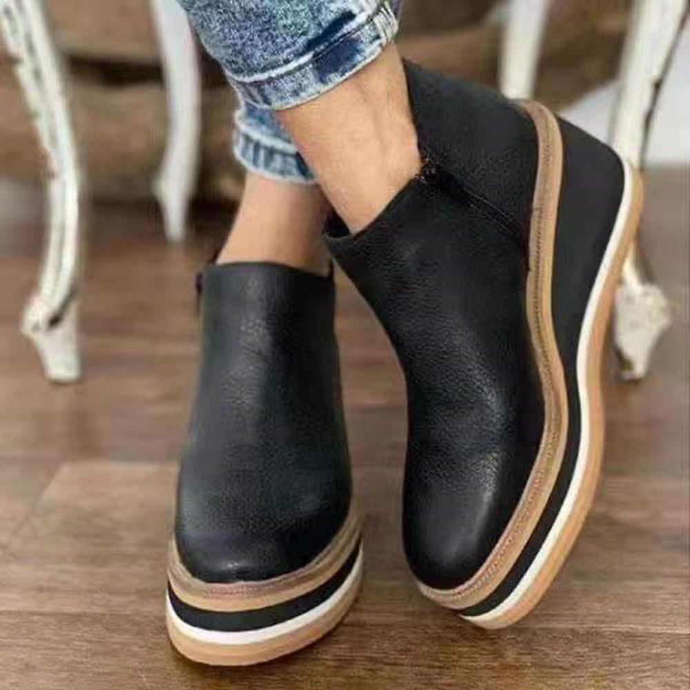 Large Size Wedge Heel Short Boots Women's Autumn and Winter New Flat Bottom Side Zipper Shallow Mouth Bare Boots