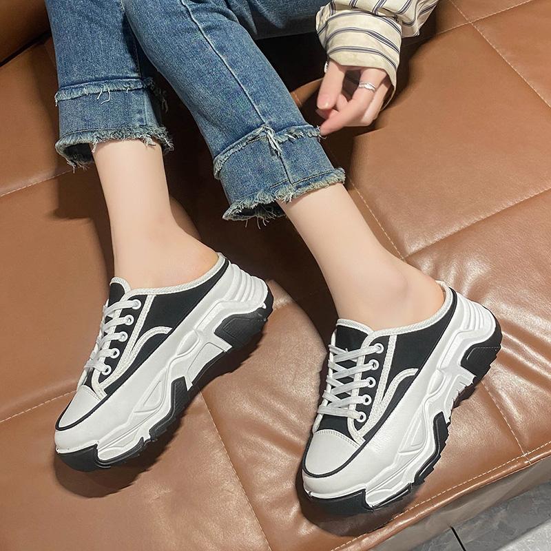 Women's Slippers 2024 Spring Autumn Fashion Baotou Half Slippers Wear New Style Lace-Up Casual Canvas Slippers of Women