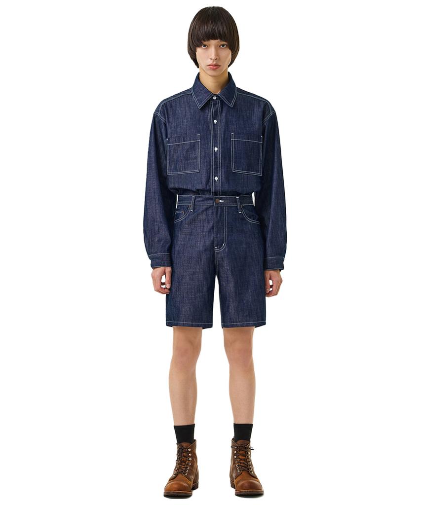LAUGHER [Summer][Non-Fade] Two-Pocket Denim Work Shirt Long Sleeve - Indigo