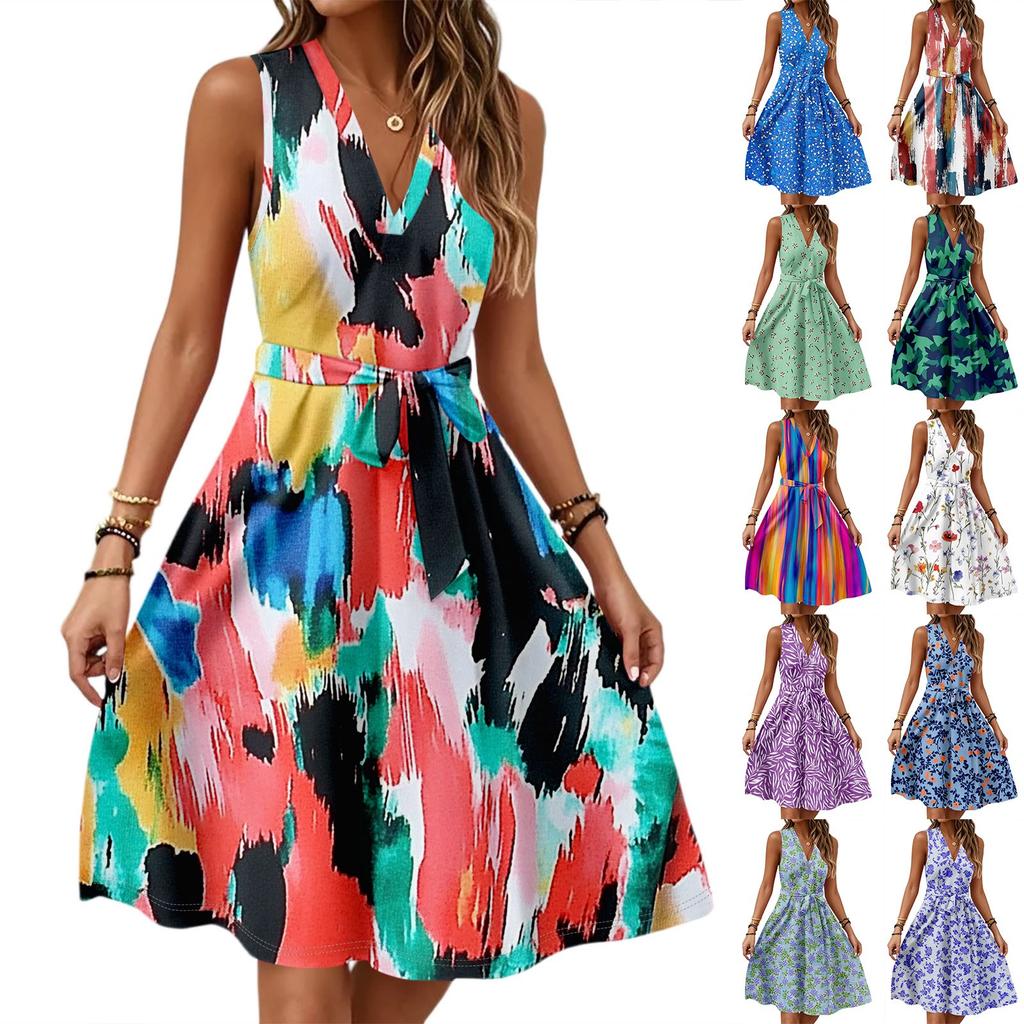 Women's Spring And Summer Casual V-Neck Sleeveless Waist Floral Print Midi Dress