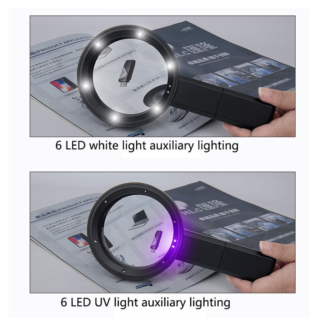 Заряжаемая увеличительная лупа с подсветкой 6 LED + 2 УФ, ручной микроскоп, увеличительное стекло, подарок
