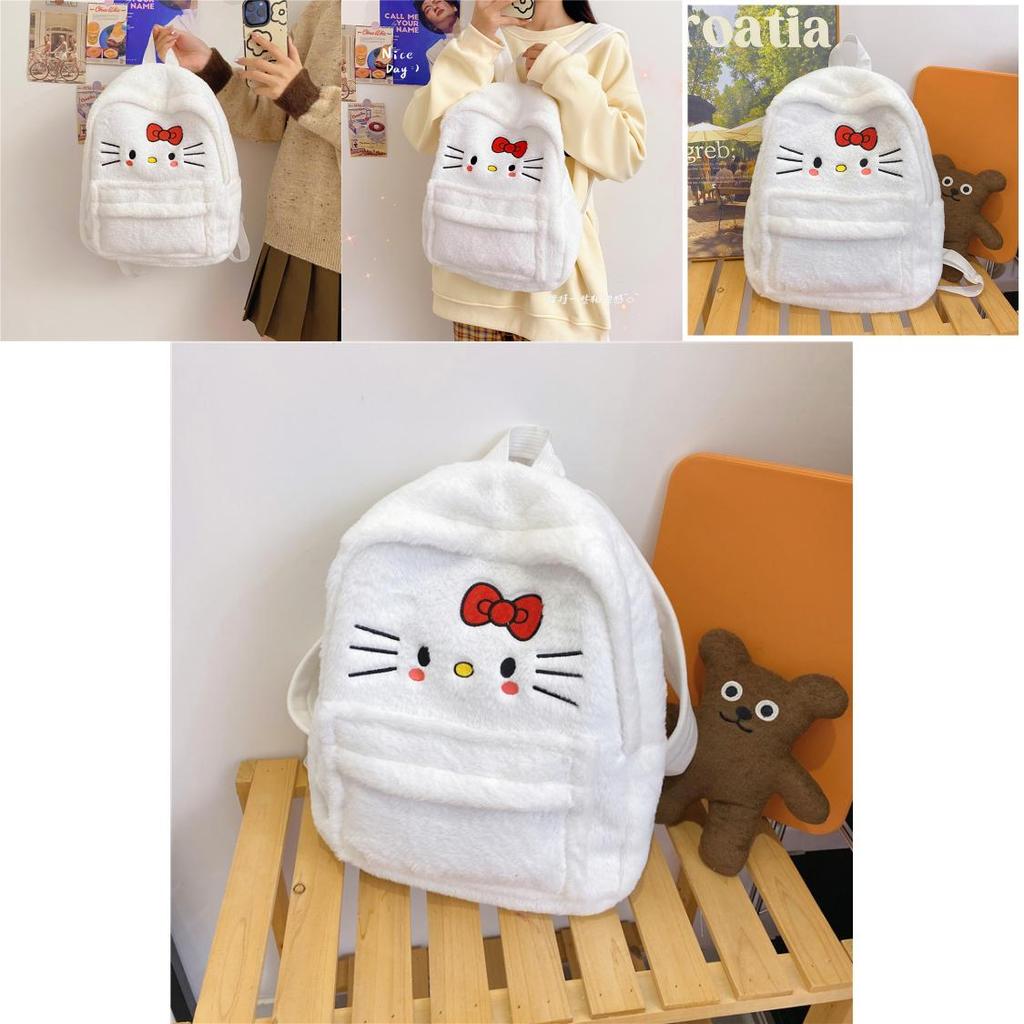 Милый Мультяшный Плюшевый Рюкзак на Молнии Hello Kitty Уличный Стиль Нейлоновый Материал