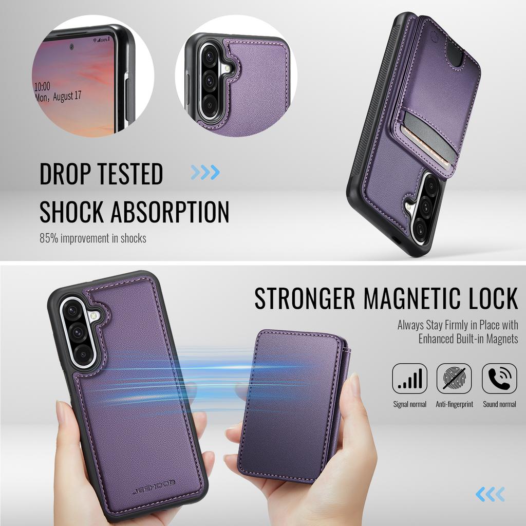 For Samsung Galaxy A56 5G Magnetic Case JEEHOOD J10 Leather Back Phone Cover with Detachable Card Holder Kickstand