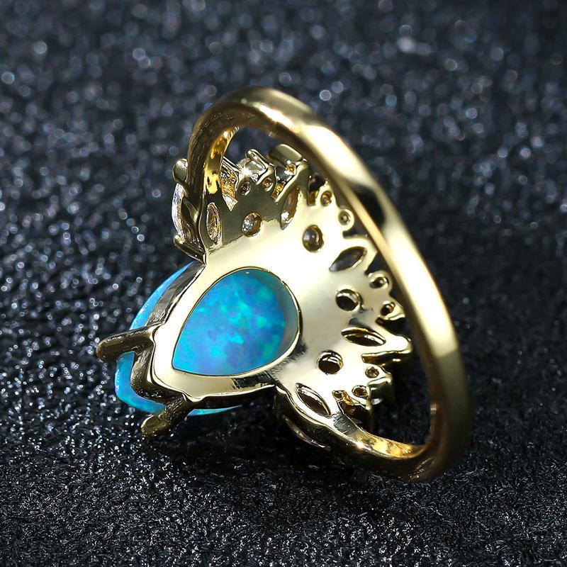 Hot Sale K Gold Water Drop Shaped Blue Opal Inlaid White Diamond Ring European and American Retro Water Drop Index Finger Ring