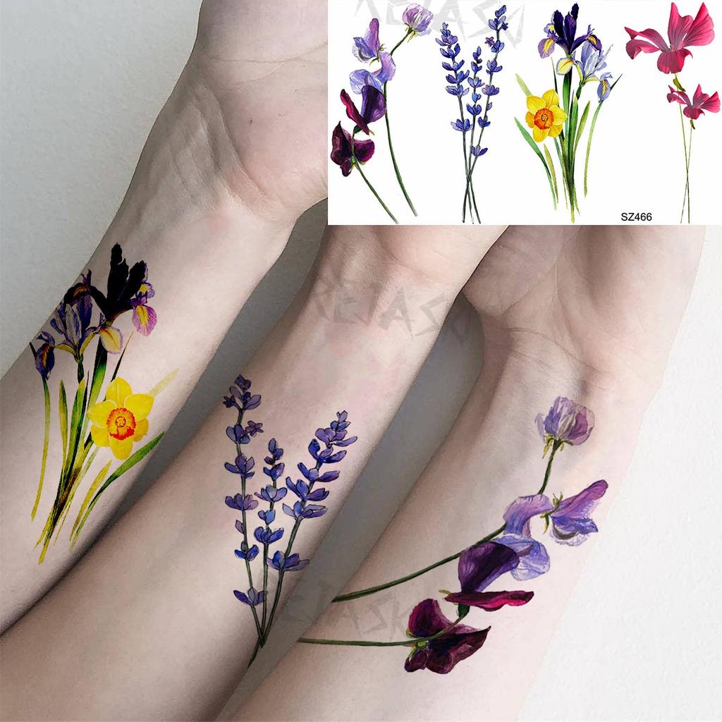 Hyacinth Daisy Temporary Tattoos For Women Girl Lavender Peony Fake Tattoo Sticker Daffodil Tulip Wrist Fashion Waterproof Tatoo