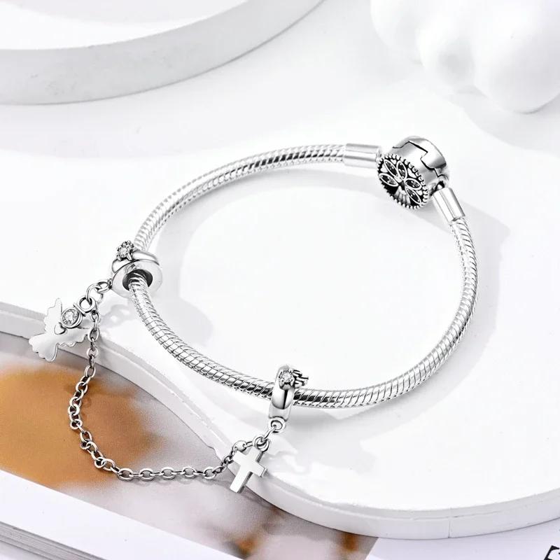 Женский оригинальный браслет, ювелирные украшения, подарок своими руками, шармы, бусины, медь, серия «Религия», ангел-хранитель, крест, предохранительная цепочка, шармы-бусины