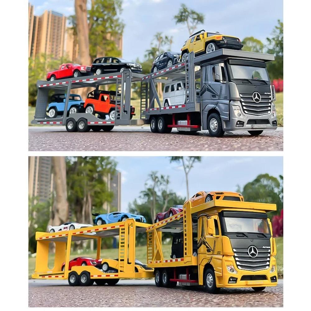 1/24 Mercedes Benz Double Decker Flatbed Transport Vehicle Alloy Diecast Metal Car Model Sound and Light Science Education Series