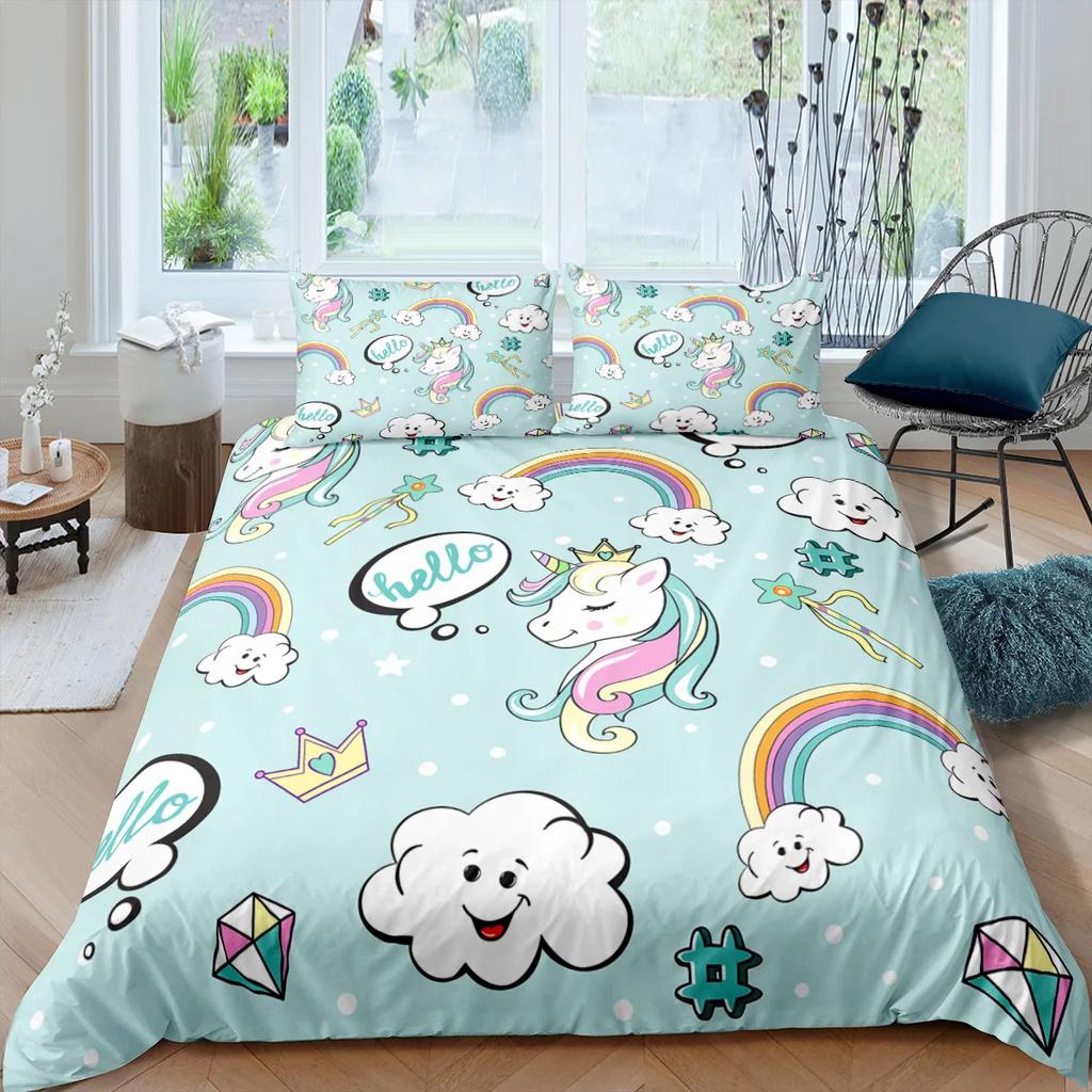 Unicorn Bedding Set King Queen White Pink Unicorn Duvet Cover For Girls Boys Dreamy Cartoon Sparkle Lilac Polyester Quilt Cover