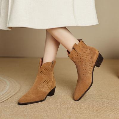 2025 Осенние классические ботинки челси для женщин из коровьей замши с острым носком на танкетке, ботильоны, простые удобные ковбойские сапоги для женщин