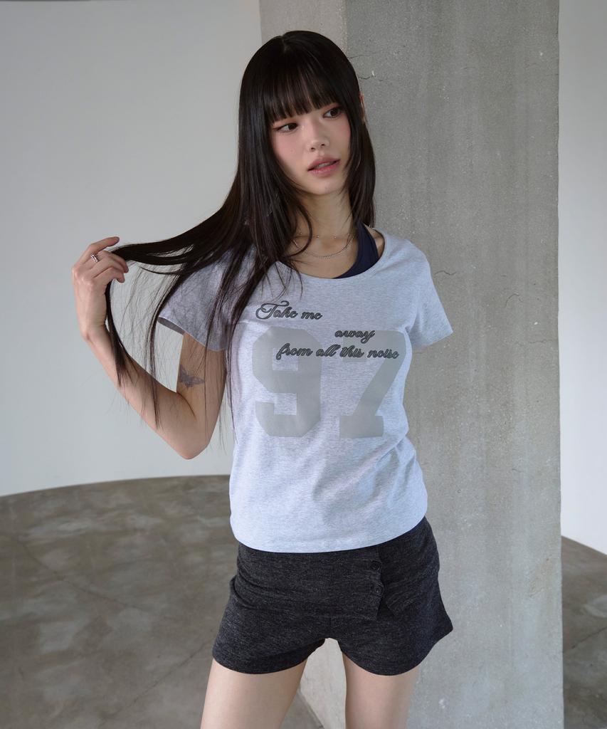 PRENDA 97 Curved Layered Graphic Top Gray