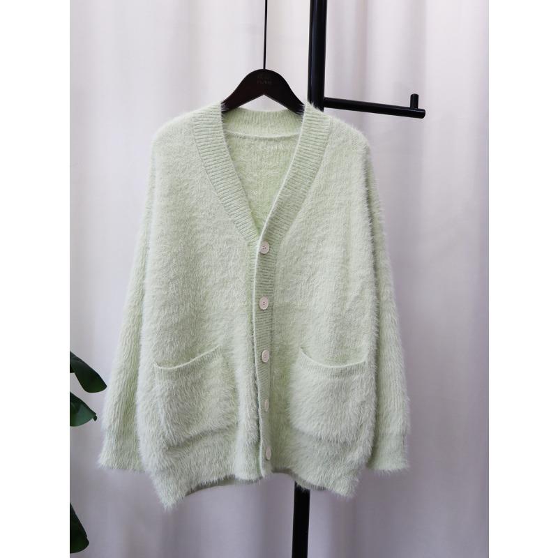 Вязаный кардиган из искусственного норкового бархата, женский, свободный, с V-образным вырезом, универсальный, однотонный, осенне-зимний, новый, куртка-свитер, толстый