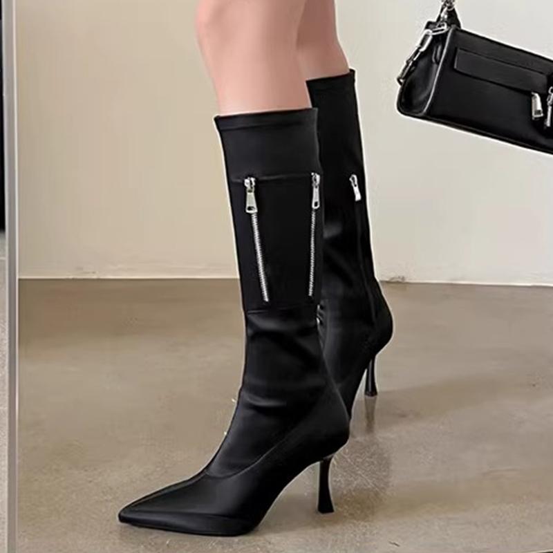 Модные женские сапоги из искусственной замши на тонком каблуке, высокие сапоги до колена, классические черные сапоги с заостренным носком на молнии, зимние и осенние туфли на шпильках