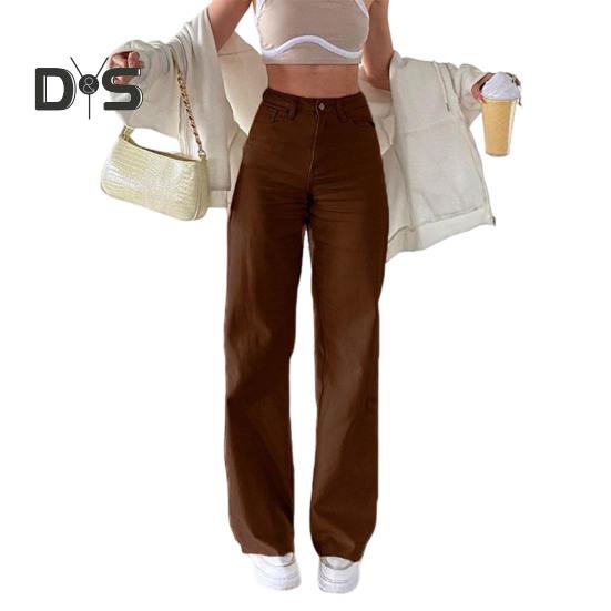 Женские джинсы с карманами, застежка-молния на пуговицу с высокой талией, прямые брюки, однотонные, в винтажном американском стиле, джинсовые брюки для повседневной носки, Scool