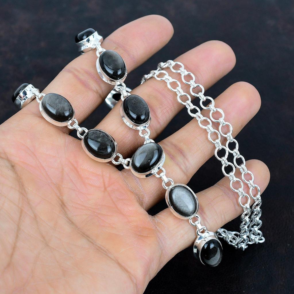 Silver Sheen Obsidian Necklace 925 Sterling Silver Necklace Adjustable Chain Necklace Handmade Gemstone Necklace Gift for Her Unique Jewelry