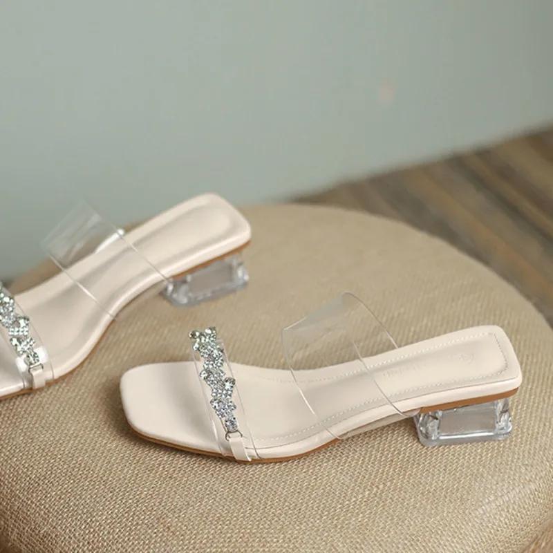 Летние НОВЫЕ модные элегантные повседневные сандалии на толстом каблуке, легкие абрикосовые тапочки с открытым носком из ПВХ с квадратным носком, НЕТ: 616