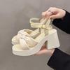 Coarse Heel Roman Sandals Women's 2025 New Summer Fashion Casual Women's Shoes Waterproof Table Wedge Heel High Heels Beige