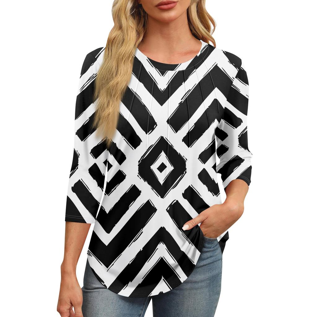 Женская модная футболка с круглым вырезом и рукавом 3/4 с принтом, повседневная, базовая, плиссированная, пуловер