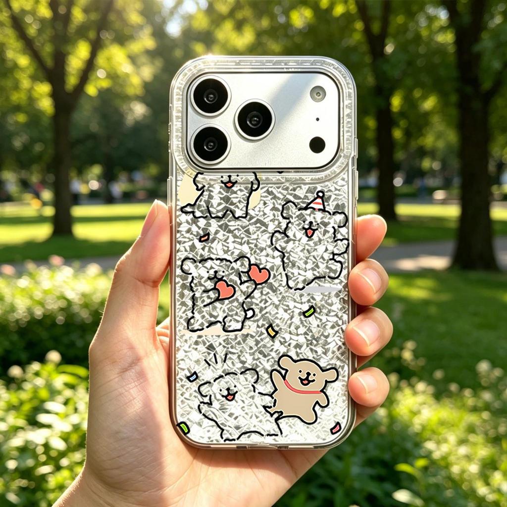 Веселая вечеринка щенков Чехол для iphone 15 Air 16 Plus XR 18 Pro Max 17 Pro 11 14 12 XS Max 13 Серебристый Блеск Трескающийся Фон