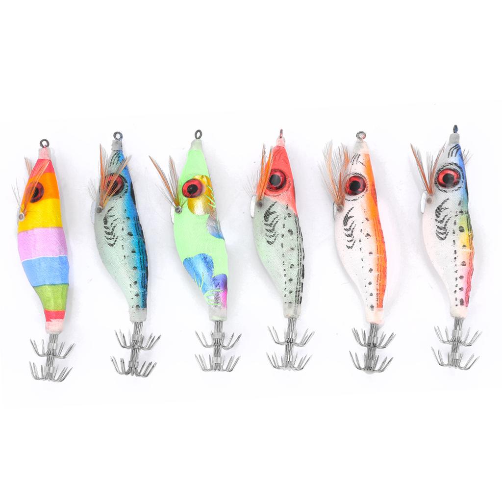6PCS 10cm Hard Fishing Lure Artificial Wood Shrimp Bait with Octopus Cuttlefish Squid Hooks