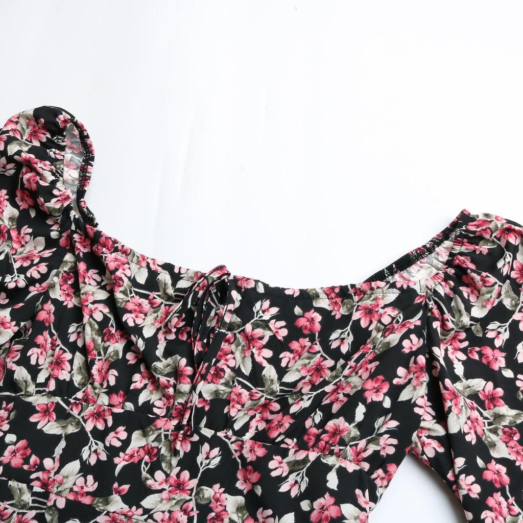 Женское платье с открытой спиной и квадратным вырезом, длинными рукавами, высокой талией и цветочным принтом