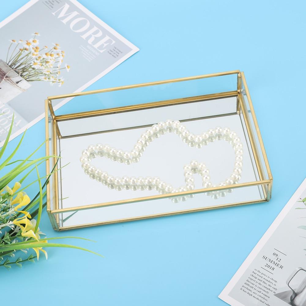 Vintage Metal Glass Storage Box Gold Rimmed Glass Jewelry Display Box Translucent Compartments Rectangular Gold Tray