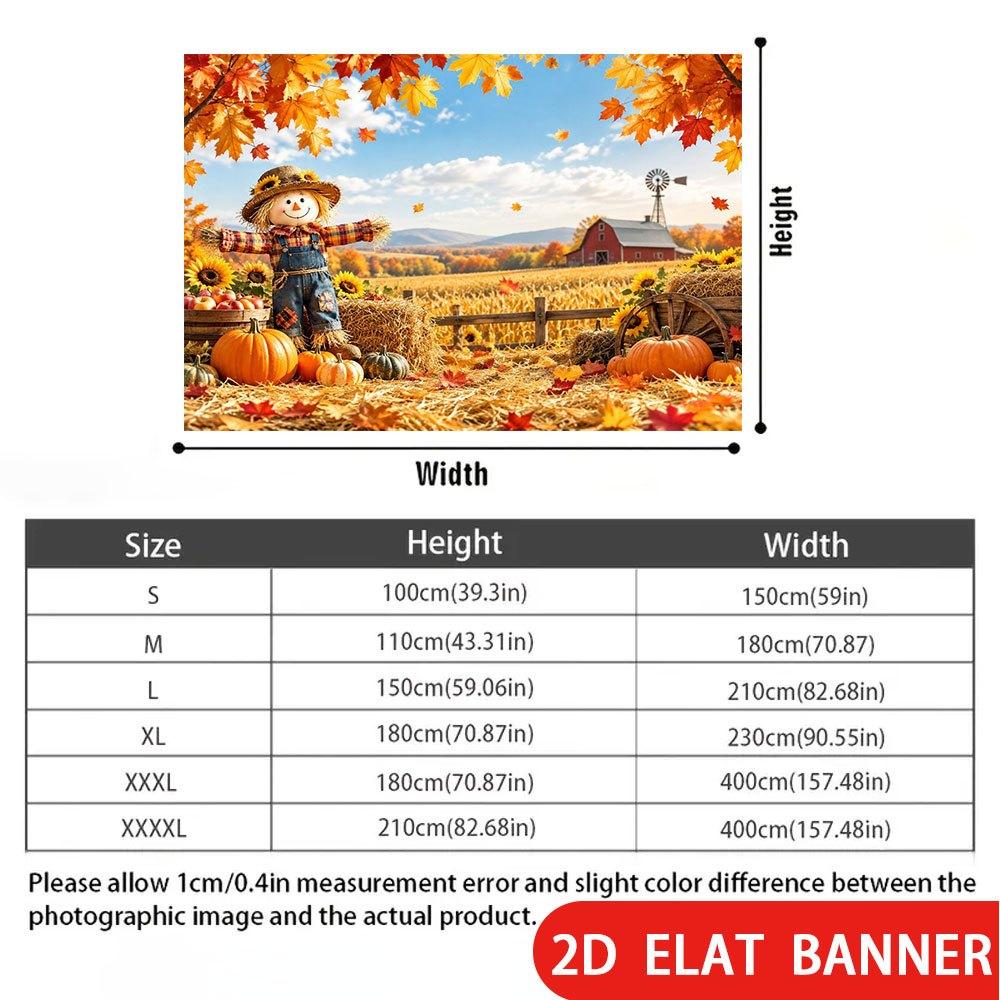 2D Flat Banner, Autumn Pastoral Theme Backdrop, Scarecrows, Pumpkins, Sunflowers, Barns