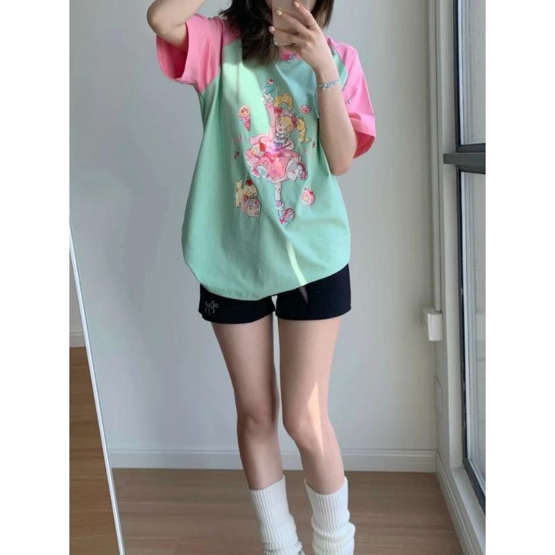 Y2k Harajuku лоскутные футболки женские в японском стиле консервативный стиль повседневные свободные футболки с мультяшным принтом топы мягкие для девочек 2024