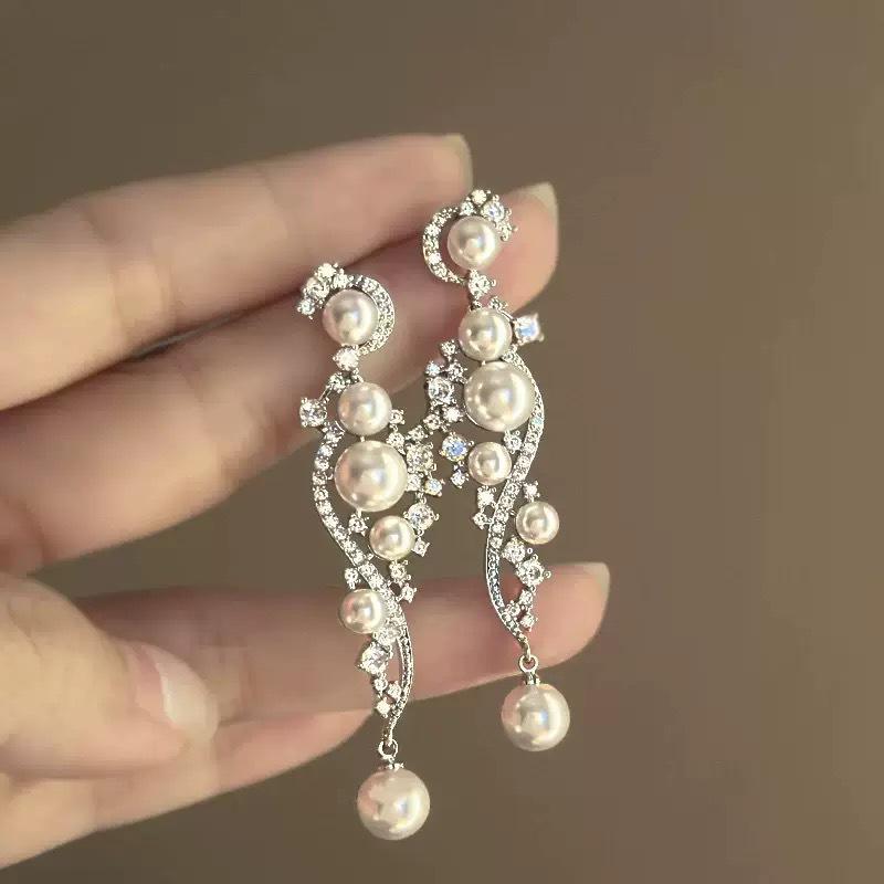 Pearl Tassel Earrings with Silver Needle & Floral Design – Medieval Vintage Style for Women