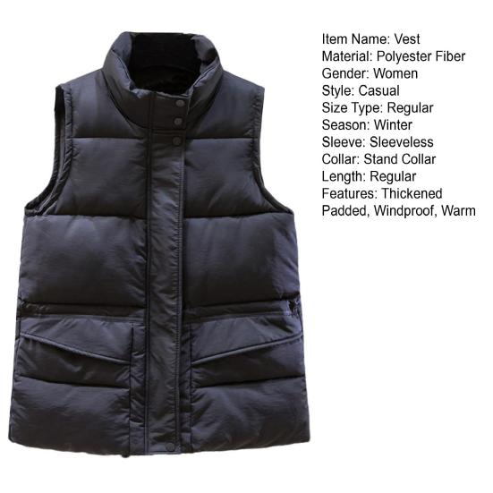 Winter Women Vest Coat Thickened Padded Zipper Closure Stand Collar Neck Protection Sleeveless Solid Color Windproof Heat Retention Outdoor Down Coat