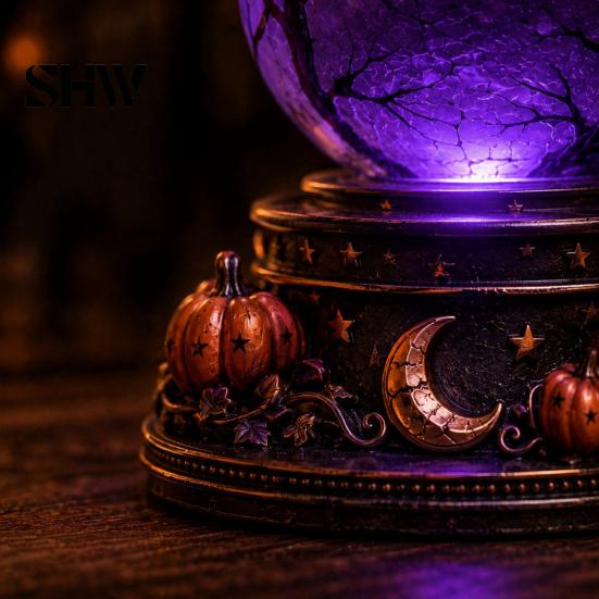 Spooky Desk Ornaments Halloween Lighted Faux Crystal Ball Decor, Gothic Crow/Ghost/Bat/Owl on Party Supplies Lamp with LED Light for Tabletop