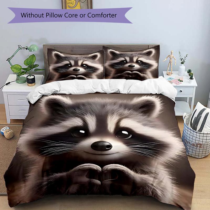 3pcs Raccoon with 1 Comforter and 2 Pillowcases (No Core) - Cute Animal for Bedroom, Festival Gift, Polyester Fabric, Anime Design, Suitable for Livin