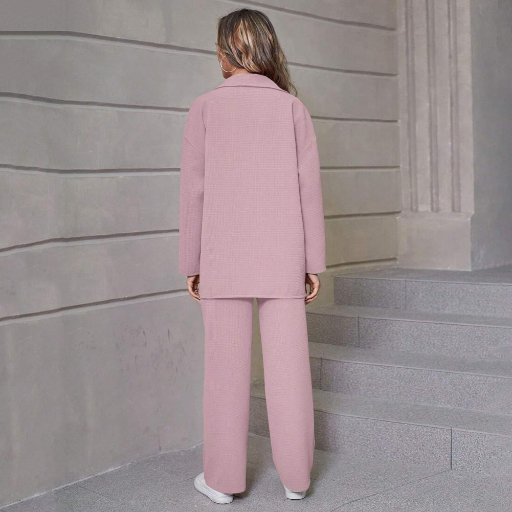 Women Casual Suit Set Elegant Women's Shirt Pants Set with Lapel Button-down Blouse Elastic Waist Trousers for Fall for Office