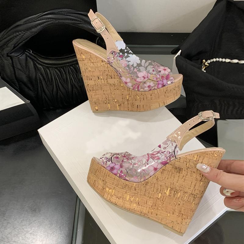 Fashion Liyke Summer Cozy 14.5CM Wood Wedge Sandal Women Fashion Flowers PVC Open Toe Buckle Strap Platform High Heels Party Dress Shoes