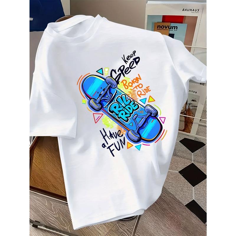 Европейские размеры Детская яркая футболка с рисунком скейтборда "Keep Speed Born to Ride Have Fun", Круглый вырез, Короткий рукав, Ткань средней эластичности