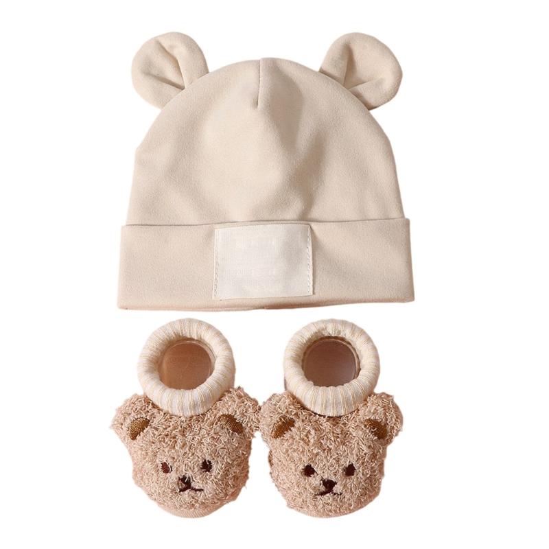 Дышащая детская шапка и носки с ушками Эластичная смесовая ткань Хлопок и Полиэстер Нежное воздейжение на чувствительную кожу Надежная посадка для младенцев