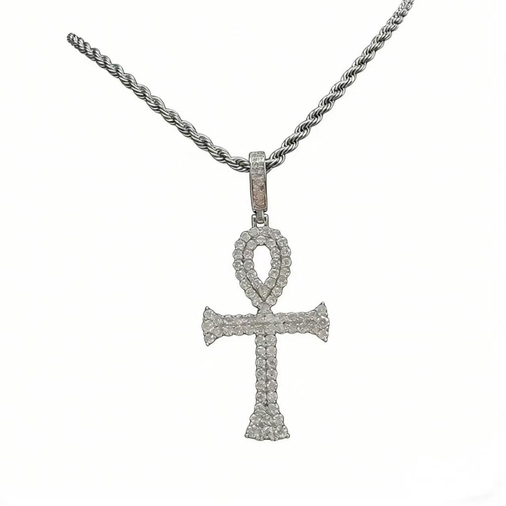 Egyptian Ankh Cross Pendant Necklace Iced Out Moissanite Hip Hop Copper Jewelry For Men Women