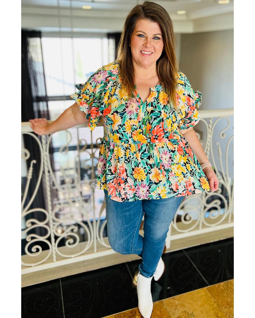 Azura Exchange Блузка с цветочным принтом и оборками на коротких рукавах