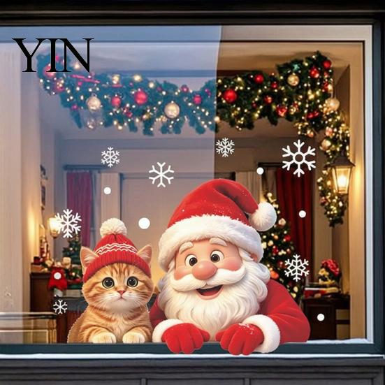 Easy Apply Holiday Decals Christmas Santa Cat Window Sticker, Snowflake Xmas Glass Decal, Waterproof Reusable Winter Ornament Self-Adhesive Decor for