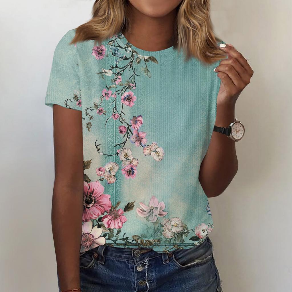 Women's Fashion Casual Printed Round Neck Short Sleeved T-Shirt Top T-Shirt Top Top