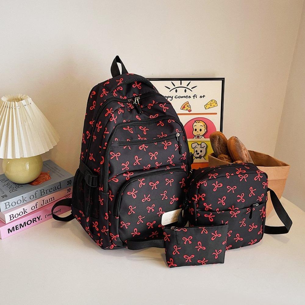 3 Pcs/Set Fashion Large Capacity Bow Backpack Nylon Bow Print School Bag Adjustable Strap Student Backpack