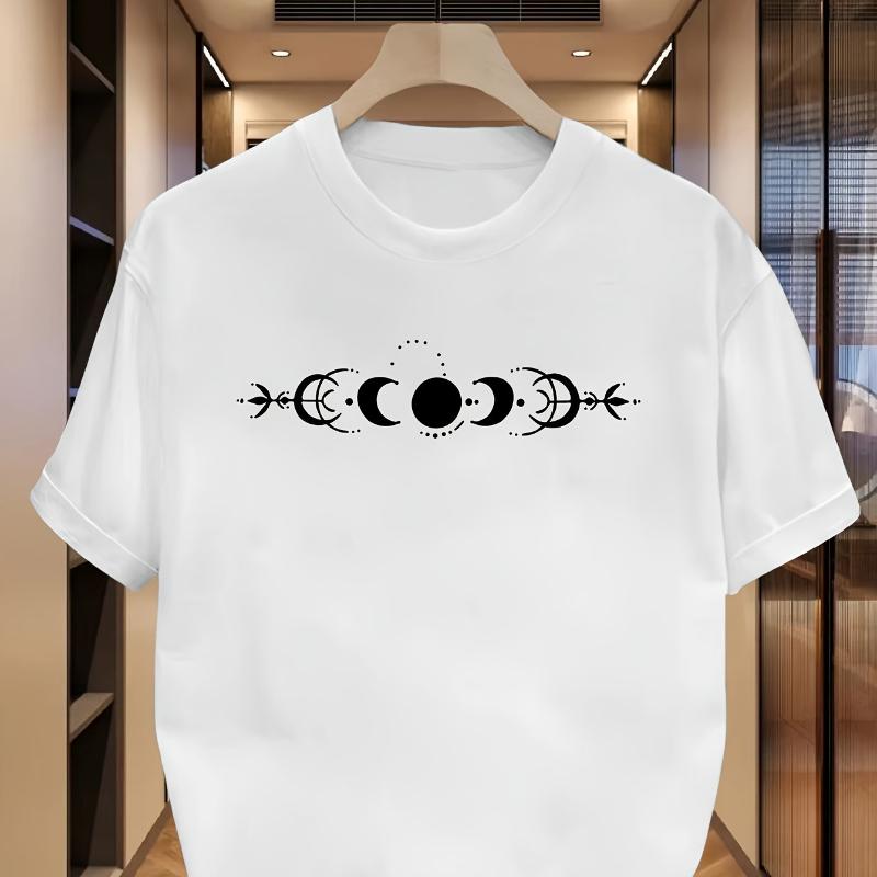 Moon Phase Symbol Strip Print T-Shirt,Lightweight Summer T-Shirt Breathable Cool, Comfortable Wear