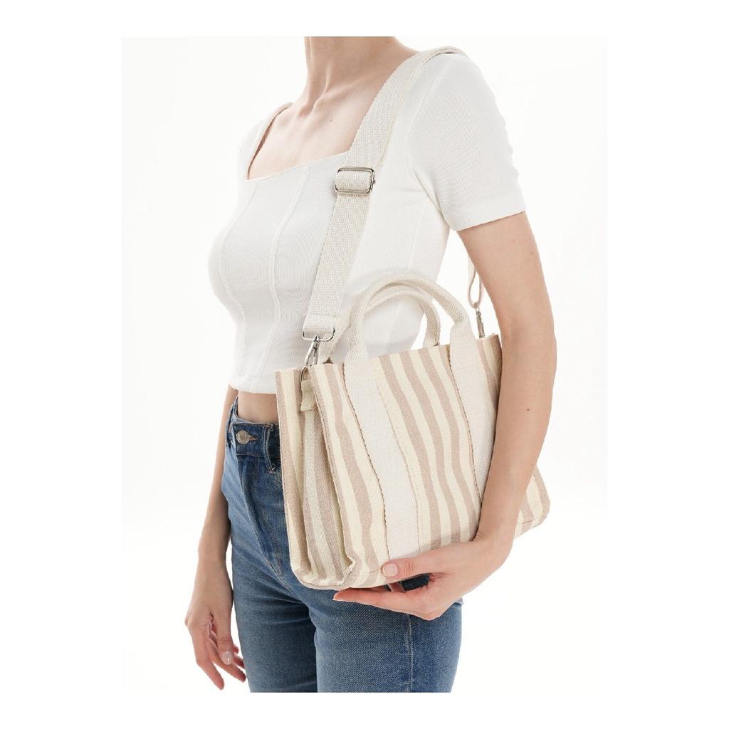 Women's Striped Canvas Model Hand And Shoulder Crossbody Bag With Adjustable Handle Manuka Tnc1008