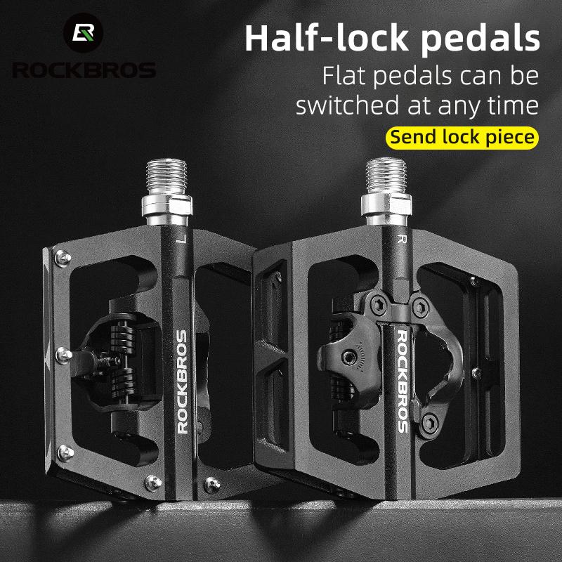 ROCKBROS Bicycle Pedal Self-locking + Flat Aluminum Applicable SPD MTB Road Bike Platform Pedals Waterproof Cycling Parts
